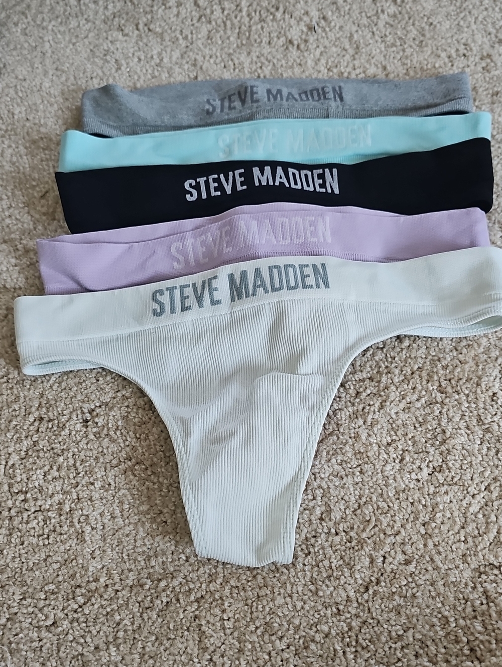 Steve Madden Ribbed Thong Set in Mint, Lavender, Black, Gray, and Light Blue